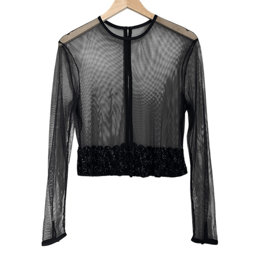 Vintage 90s Black Beaded Sheer Mesh Evening Jacket Bolero Scalloped Medium